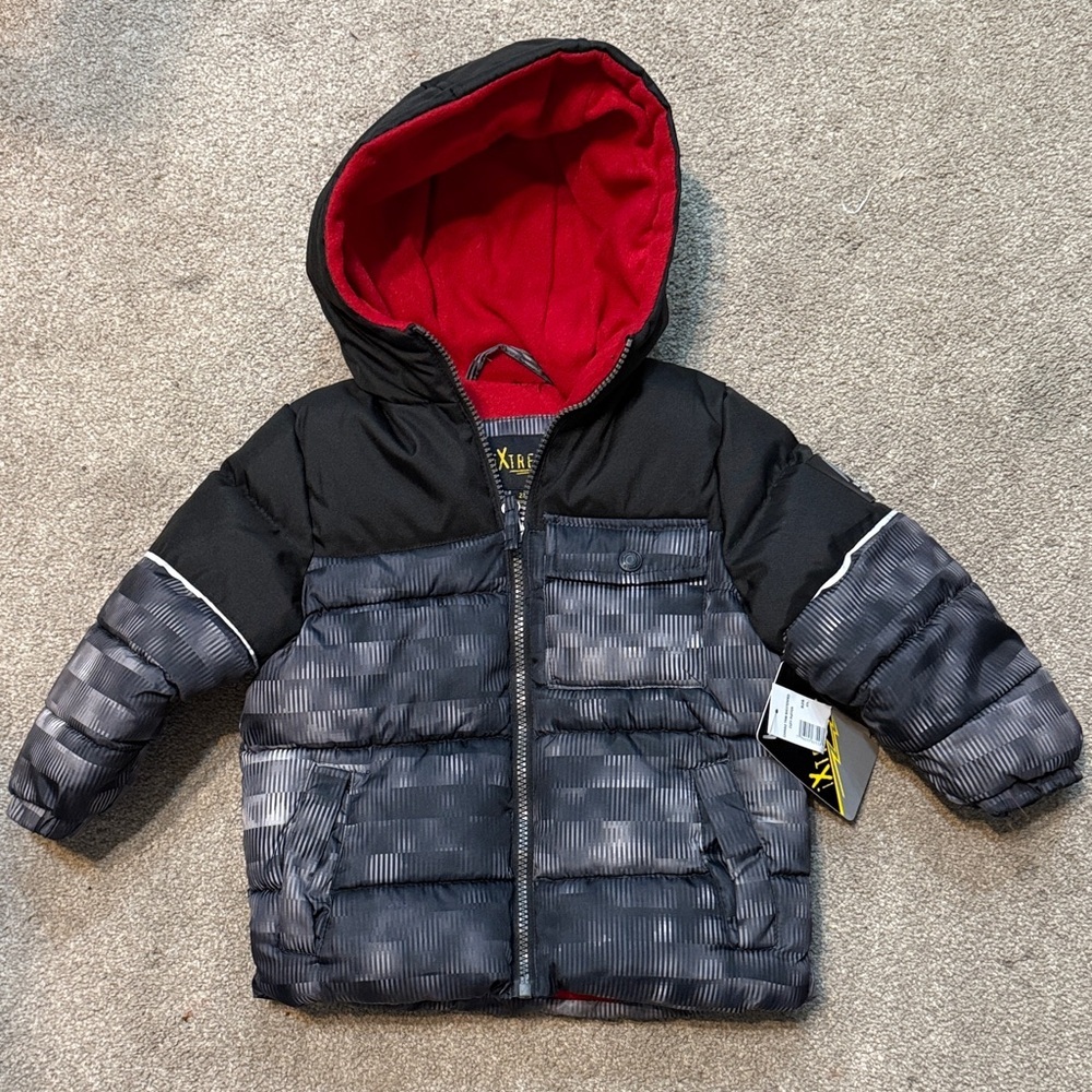 ixtreme Black Printed Hooded Puffer Full Zip Jacket Size 2T